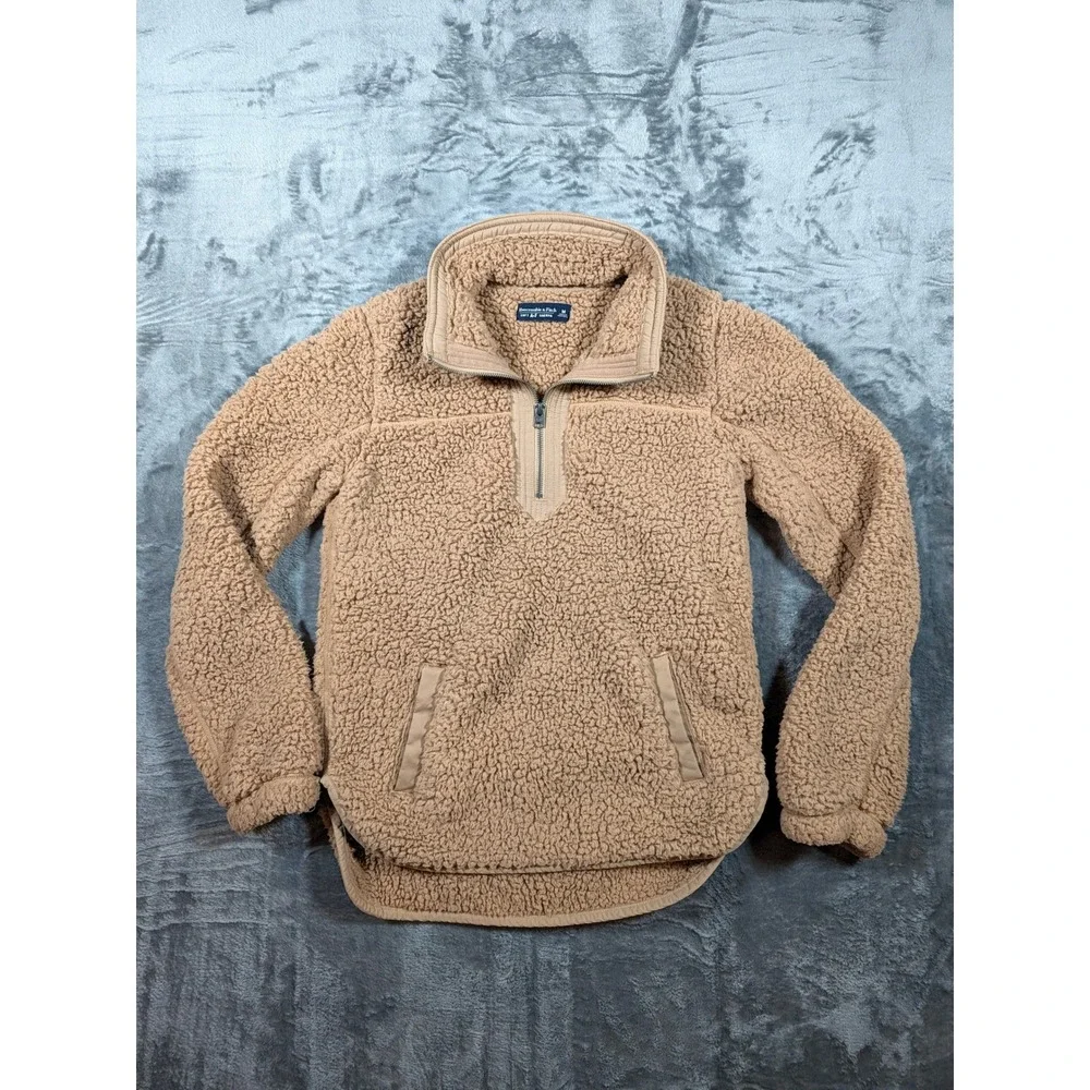 Abercrombie & Fitch Soft A&F Sherpa Quarter Zip Pullover Tan Camel Medium